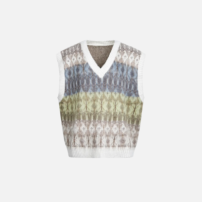 Jacquard Mohair Knitted V-Neck Sleevless Sweater