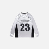 Back view of the gray GrayStar Lace Long Sleeve T-shirt in a gray background