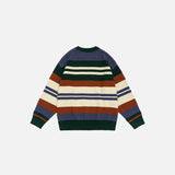 Back view of the navy blue Retro Multi-Stripe Sweatshirt in a gray background