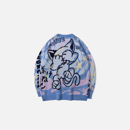 Back view of the blue Cartoon Graphic Sweater in a gray background