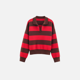 Insulated V-Neck Collar Striped Knit Polo Sweater