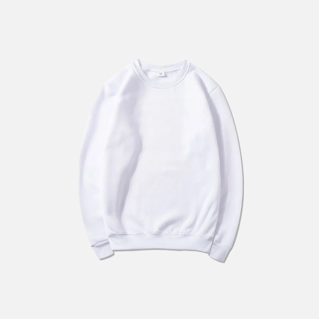 Front view of the white Essential Pullover Sweatshirt in a gray background
