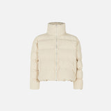 Front view of the apricot Solid Color Pleated Padded  jacket in a gray background