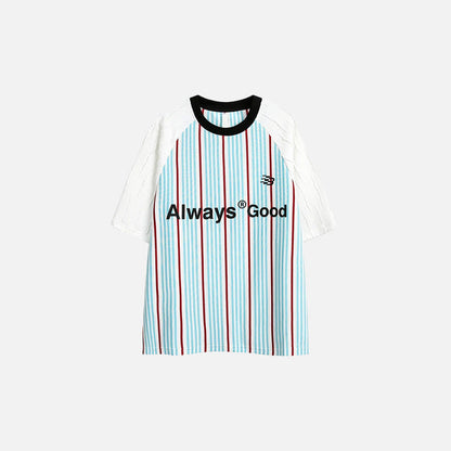 Front view of the blue Striped Casual Raglan T-shirt in a gray background