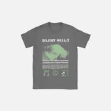 Front view of the dark gray Silent Hill 2 Graphic T-Shirt in a gray background