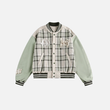Trendy Embroidered Patchwork Plaid Varsity Jacket