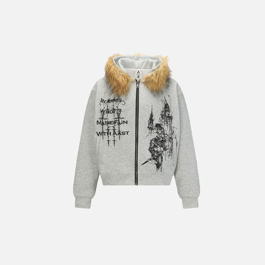 Y2K Retro Graffiti Zip-Up Fur-Collar Hooded Sweatshirt