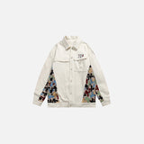 Front view of the beige Patchwork Pop Jacket in a gray background