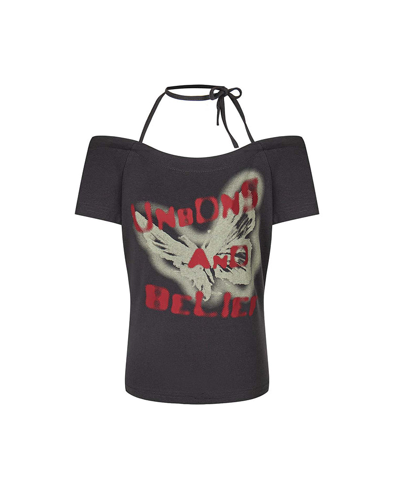 Distressed Graphic Off-Shoulder Tee