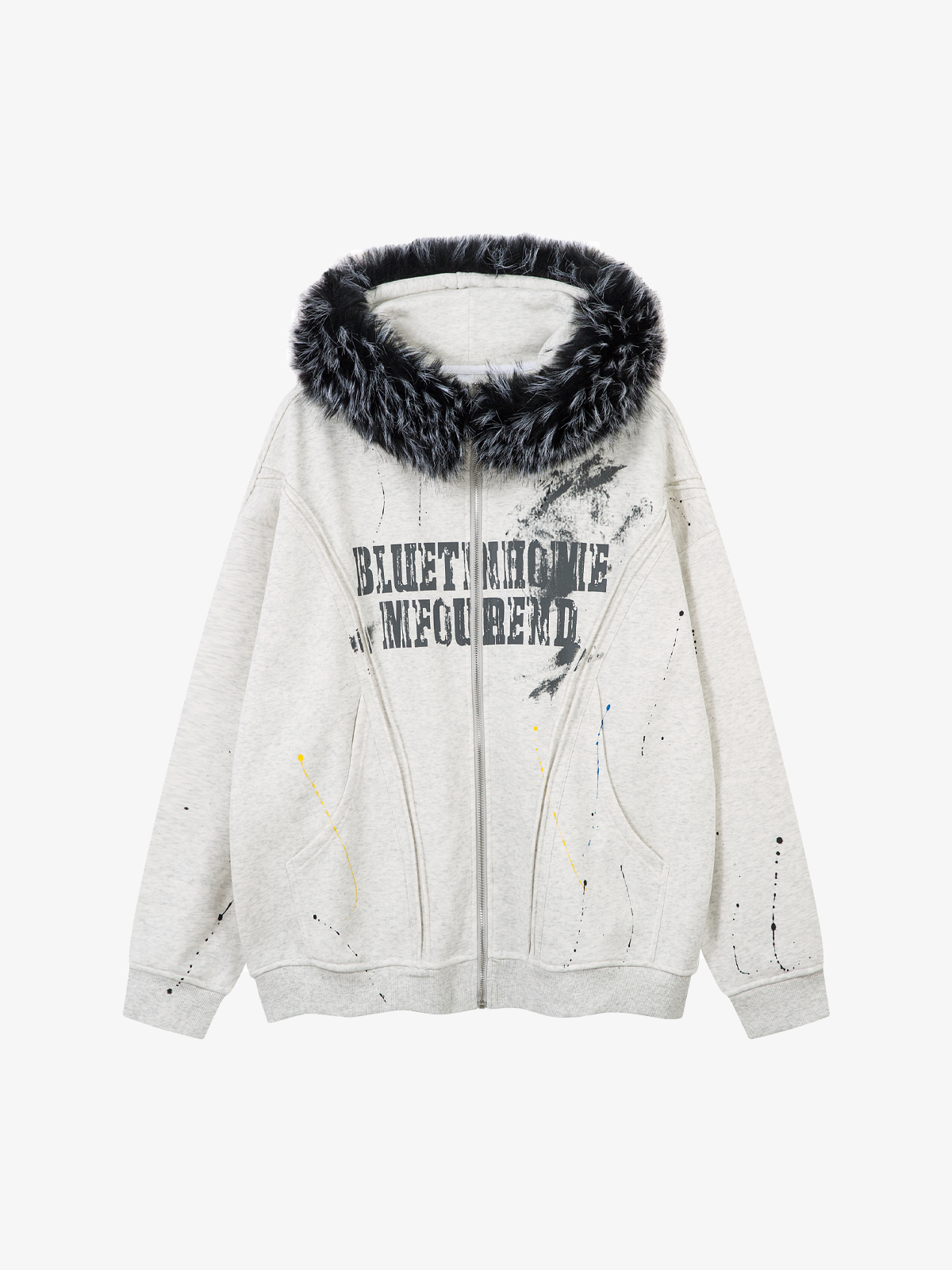 Fur-Trim Paint-Splatter Zip Hoodie; Light Gray / M, Light Gray / L, Light Gray / XL