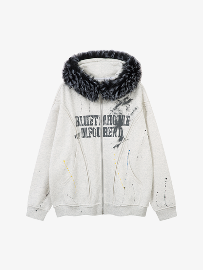 Fur-Trim Paint-Splatter Zip Hoodie; Light Gray / M, Light Gray / L, Light Gray / XL