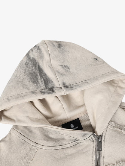 Retro Asymmetric Zip Up Deconstructed Hoodie; Apricot / S, Apricot / M, Apricot / L, Apricot / XL