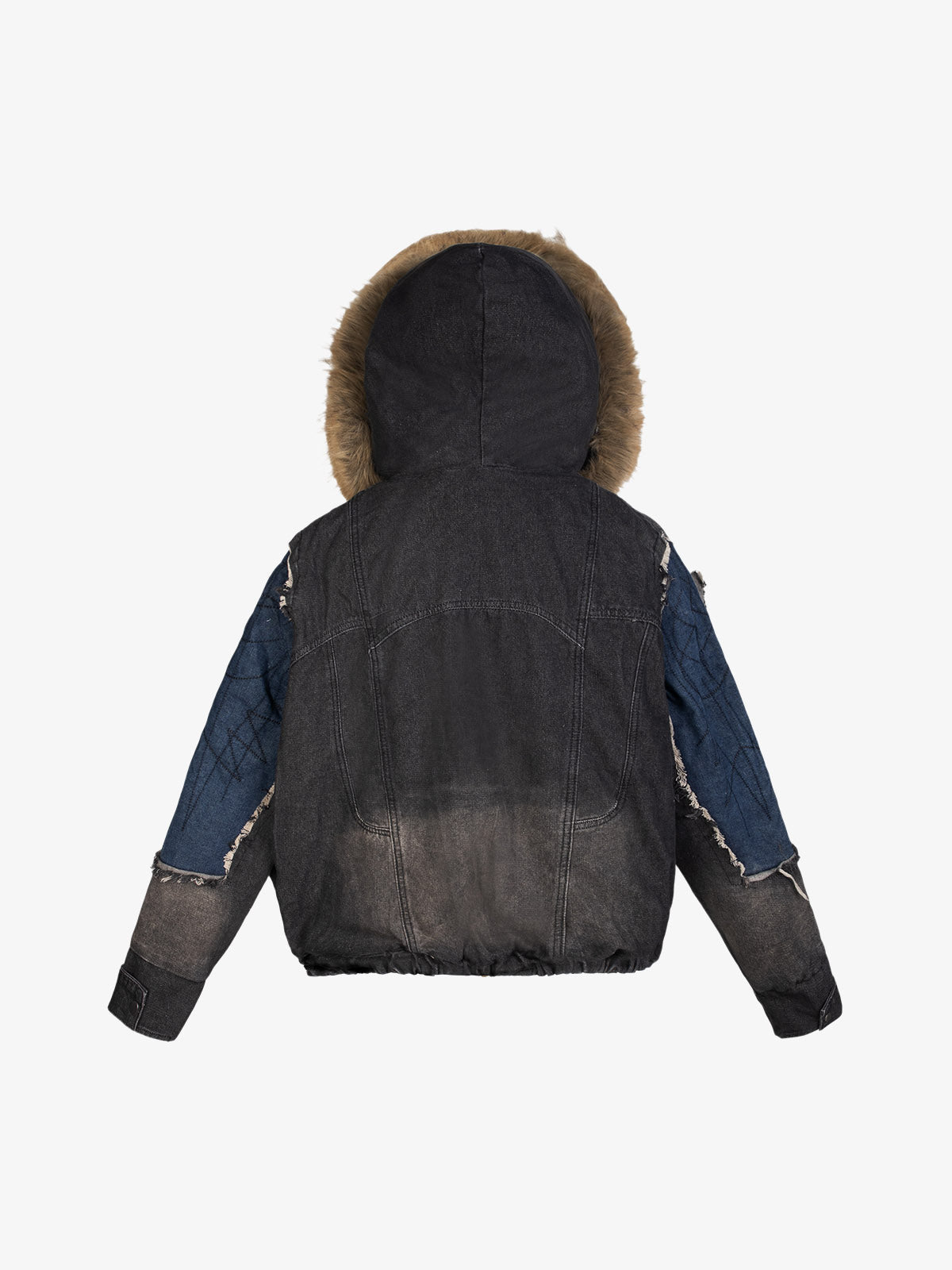 Patchwork Distressed Faux-Fur Collar Denim Jacket; Black / M, Black / L, Black / XL, Black / S