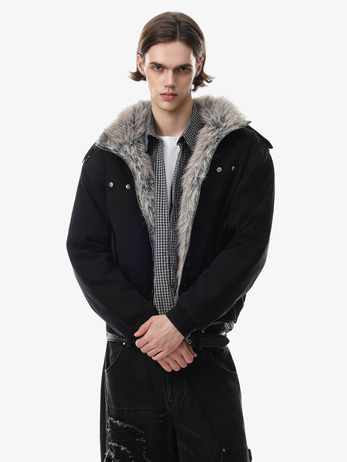 Studded Faux-Fur Collar Bomber Coat; Black / S, Black / M, Black / L, Black / XL