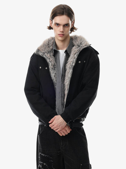 Studded Faux-Fur Collar Bomber Coat; Black / S, Black / M, Black / L, Black / XL