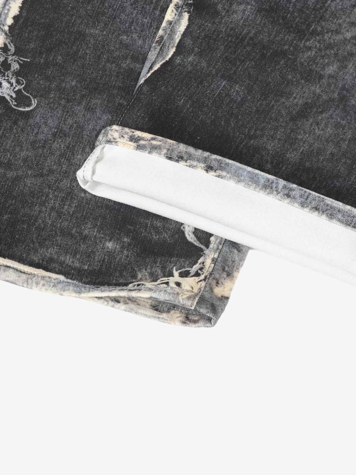 Distressed Patchwork Wide Leg Washed Denim Jeans; Black / M, Black / L, Black / XL