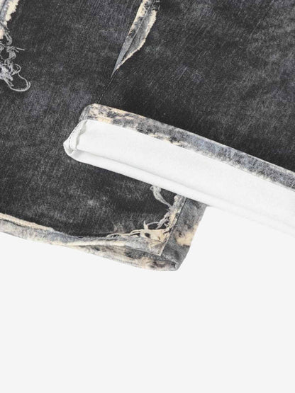 Distressed Patchwork Wide Leg Washed Denim Jeans; Black / M, Black / L, Black / XL