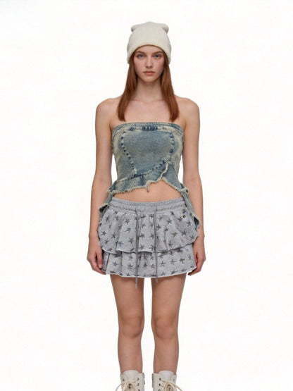 Fringe Hem Denim Bandeau Tube Top
