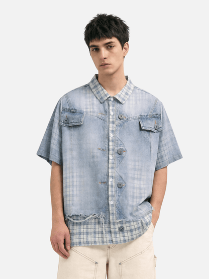 Denim Plaid Panel Short Sleeve Shirt