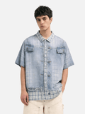 Denim Plaid Panel Short Sleeve Shirt