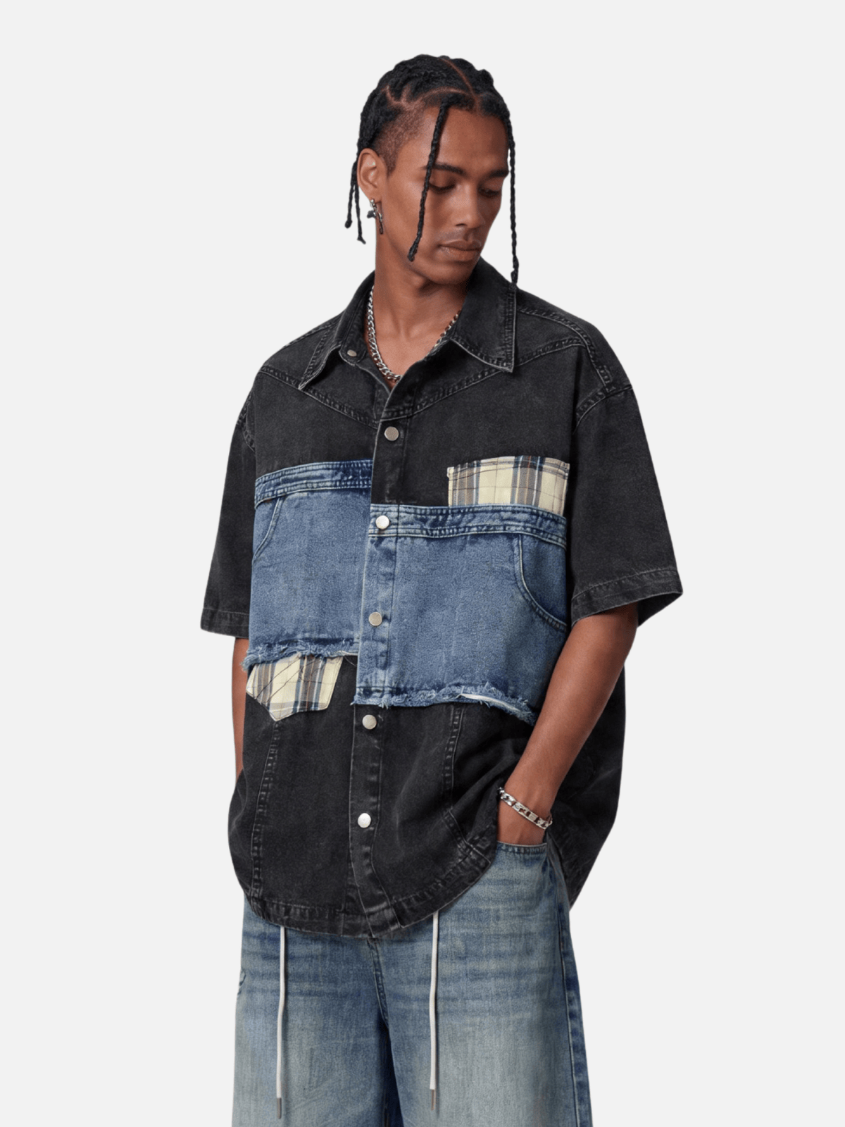 Denim Plaid Short Sleeve Shirt