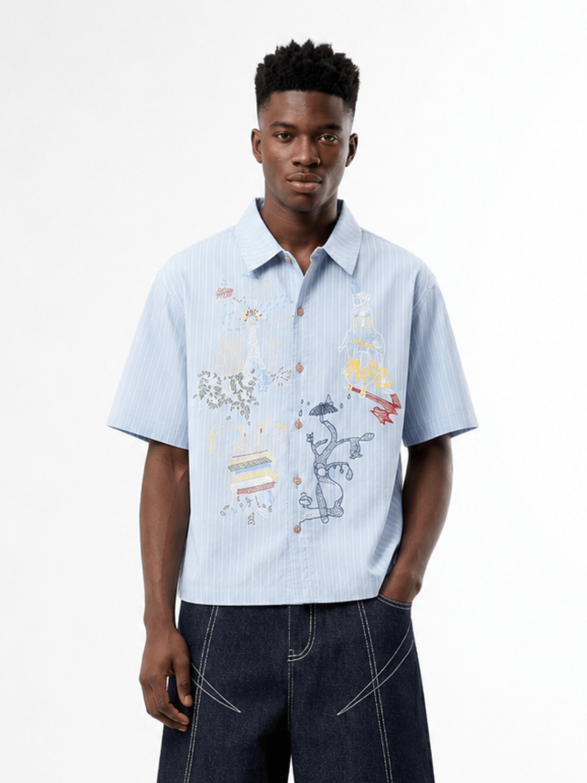 Boxy Stripe Embroidery Short Sleeve Shirt