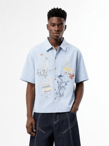 Boxy Stripe Embroidery Short Sleeve Shirt