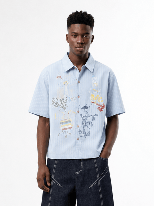 Boxy Stripe Embroidery Short Sleeve Shirt