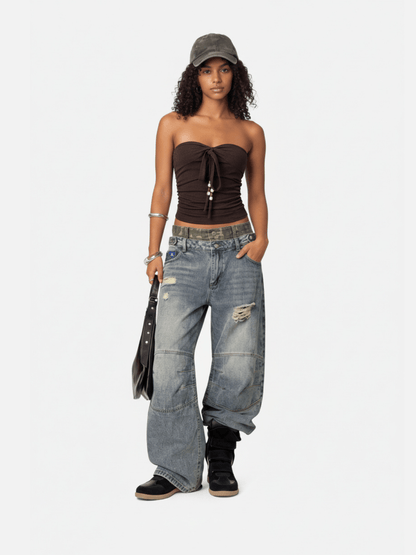 Ruched Tie Front Tube Top