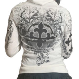 Rhinestone White Zipper Long Sleeve Sweatshirt