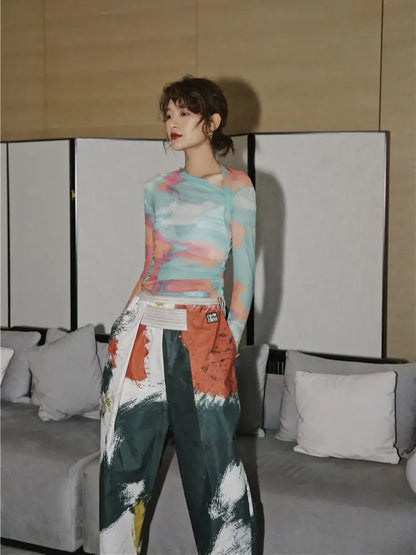 Asymmetric Tie Dye Mesh Top