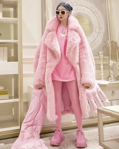 Barbiecore Plush Faux Fur Maxi Coat