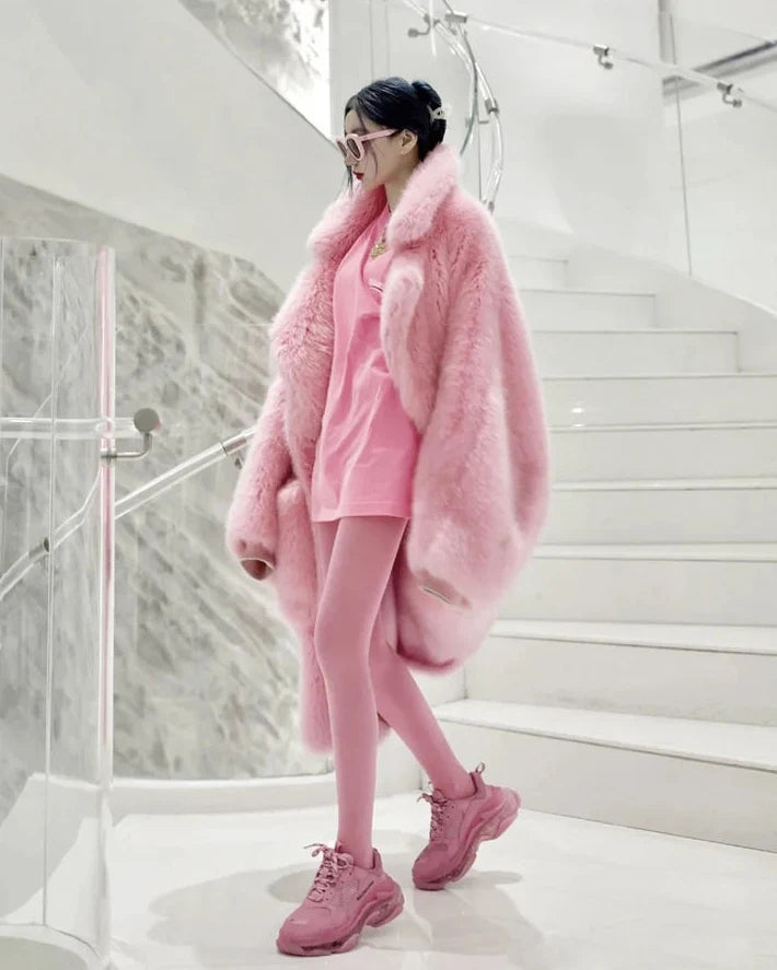 Barbiecore Plush Faux Fur Maxi Coat
