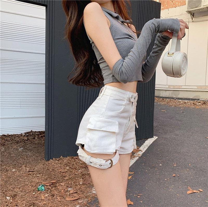 Belted Cargo Denim Shorts