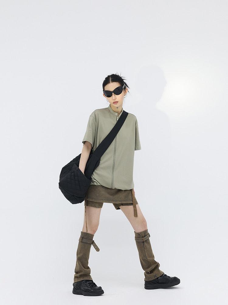 Belted Denim Mini Skort with Leg Warmers