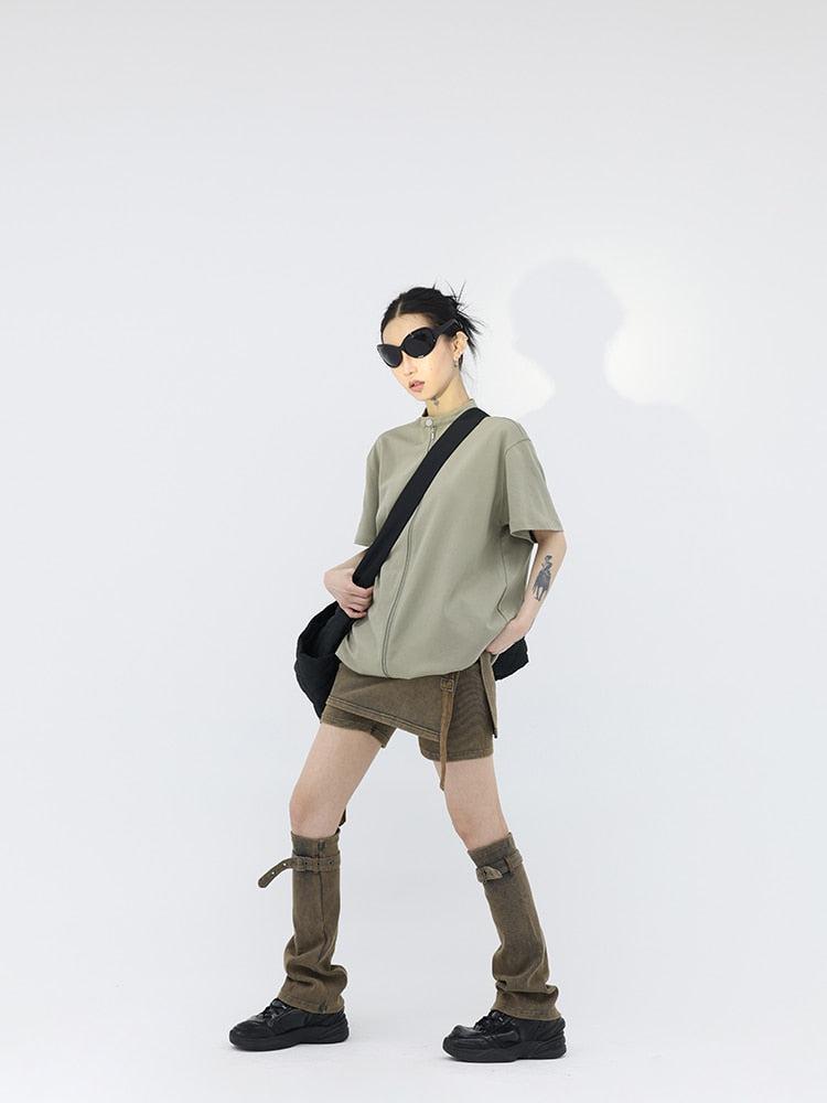 Belted Denim Mini Skort with Leg Warmers