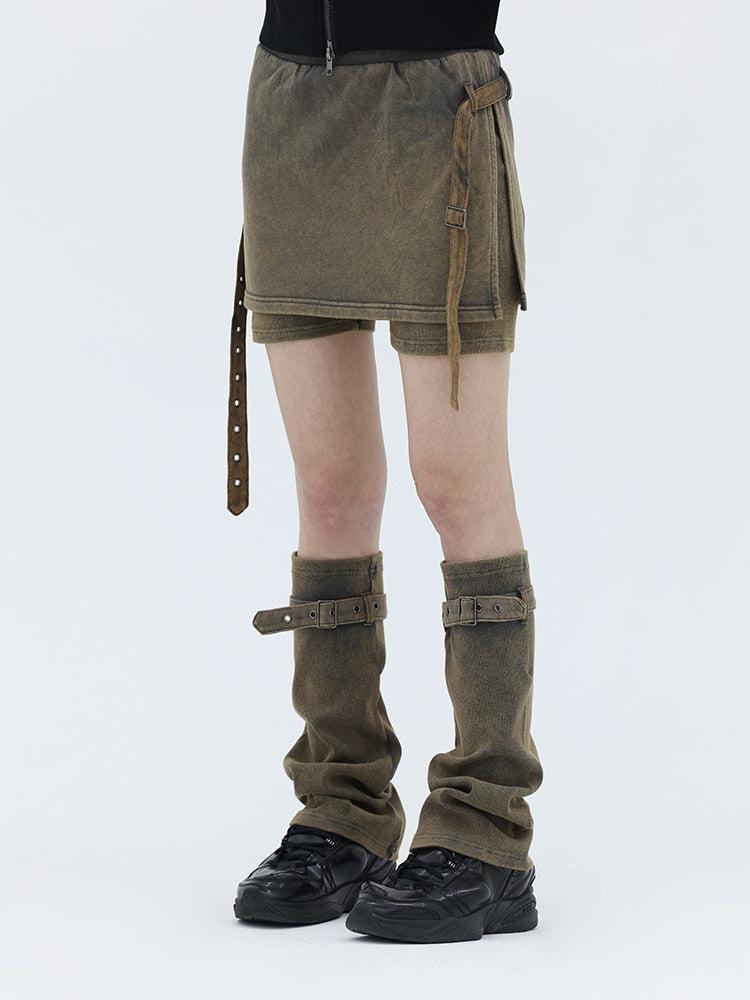 Belted Denim Mini Skort with Leg Warmers