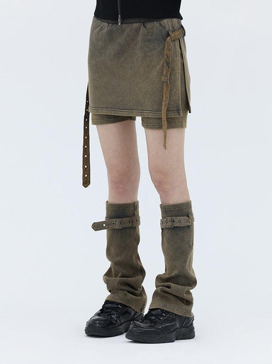 Belted Denim Mini Skort with Leg Warmers