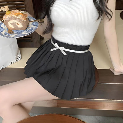 Pleated Mini Skort with Bow Belt - Stylish Women's Fashion