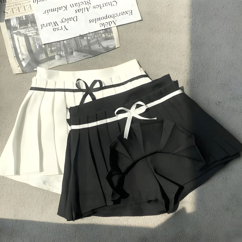 Pleated Mini Skort with Bow Belt - Stylish Women's Fashion