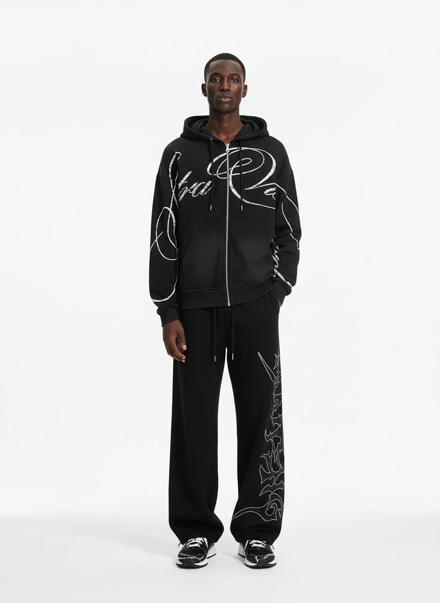 High Street Script Letter Print Zip-up Hoodie Jacket; Black / S, Black / M, Black / L, Black / XL