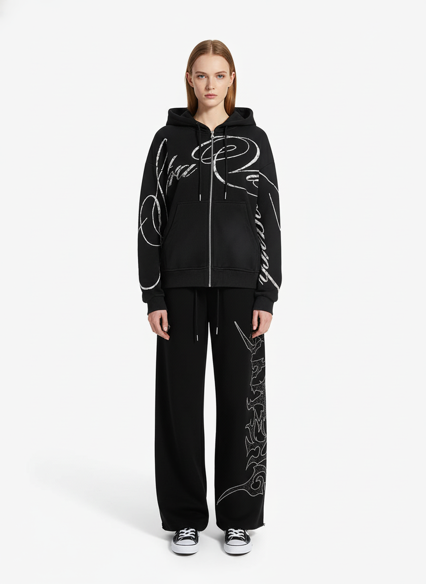High Street Script Letter Print Zip-up Hoodie Jacket; Black / S, Black / M, Black / L, Black / XL