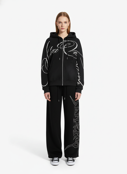 High Street Script Letter Print Zip-up Hoodie Jacket; Black / S, Black / M, Black / L, Black / XL