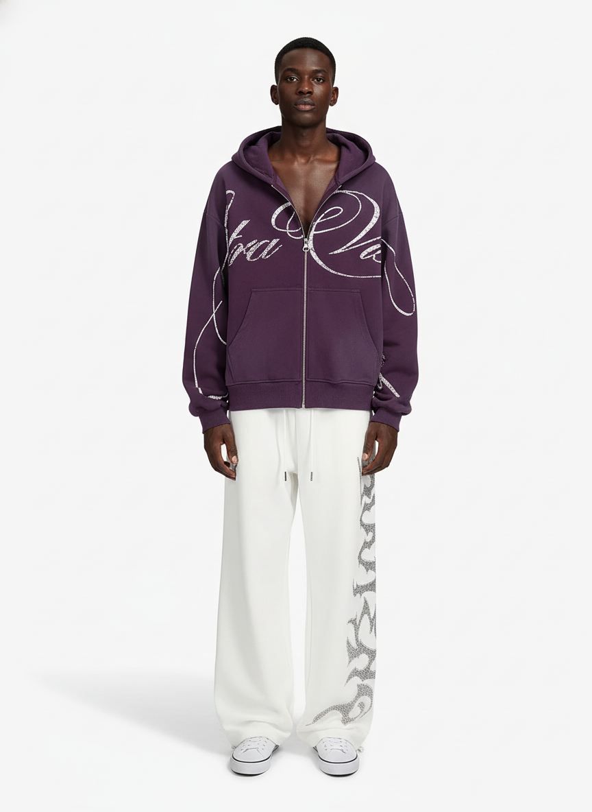 High Street Script Letter Print Zip-up Hoodie Jacket; Purple / S, Purple / M, Purple / L, Purple / XL