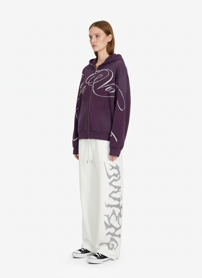 High Street Script Letter Print Zip-up Hoodie Jacket; Purple / S, Purple / M, Purple / L, Purple / XL