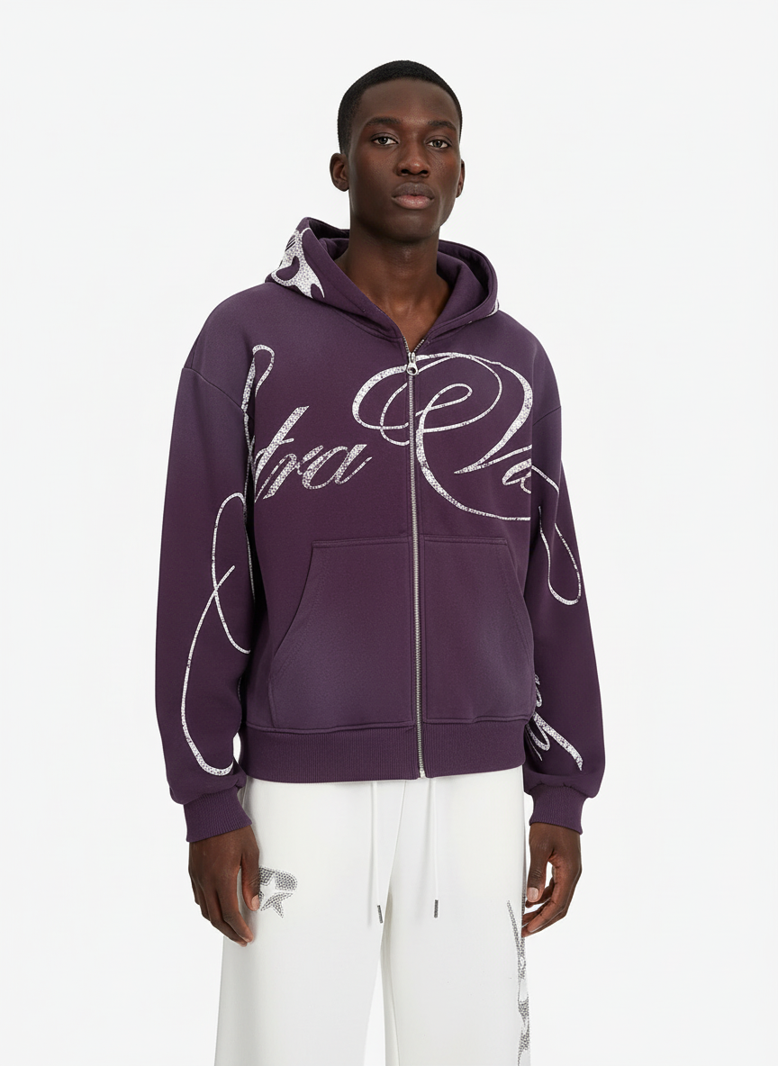 High Street Script Letter Print Zip-up Hoodie Jacket; Purple / S, Purple / M, Purple / L, Purple / XL
