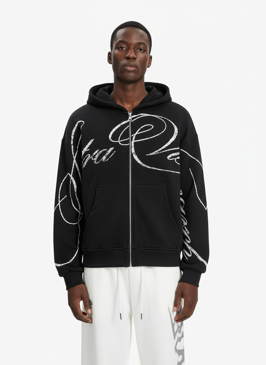 High Street Script Letter Print Zip-up Hoodie Jacket; Black / S, Black / M, Black / L, Black / XL