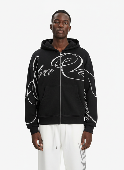 High Street Script Letter Print Zip-up Hoodie Jacket; Black / S, Black / M, Black / L, Black / XL