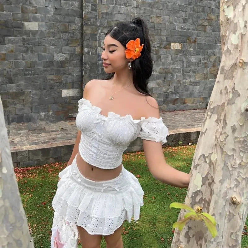 Coquette Broderie Anglaise Top & Mini Skirt Two Piece Set