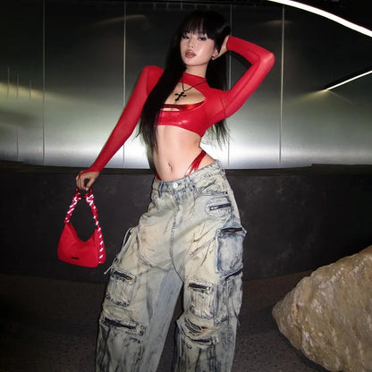 Cut-Out Sheer Mesh Crop Top